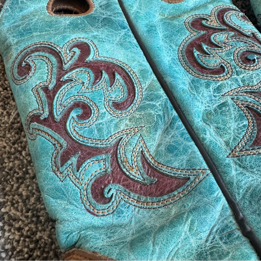 Circle G Women's Honey/ Turquoise Inlay Embroidery Square Toe Boots Size 10 - Picture 5 of 10
